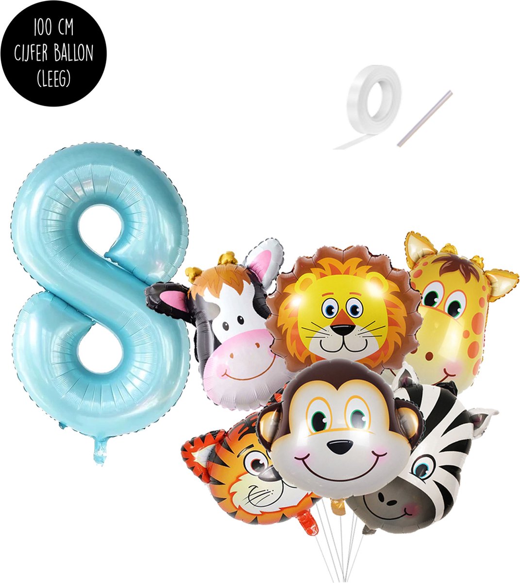 Cijferballon 8 | Jungle Safari Dierenhoofden Ballonen Boeket van Snoes - Helium Geschikt, Kleur Licht Blauw